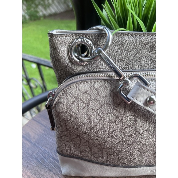 Calvin Klein Grey Handbag/Purse Adjustable Strap All Over Logo Silver Accents - Picture 2 of 12